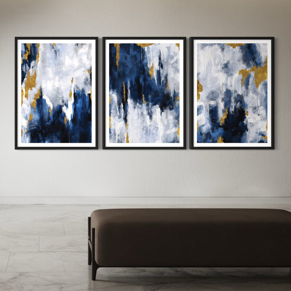 Abstract Art set of 3 prints - Navy Blue & Gold