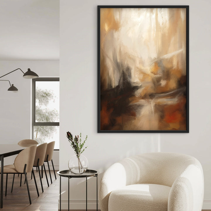 Modern interior with abstract painting on the wall, white armchair, and dining area.