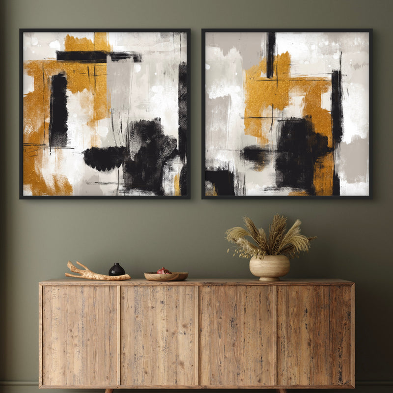Abstract Art set of 2 prints - Golden Noir