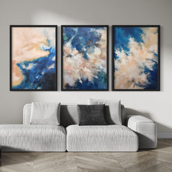 Abstract Art set of 3 prints - Silver & Blue Clouds
