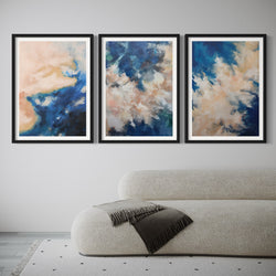 Abstract Art set of 3 prints - Silver & Blue Clouds
