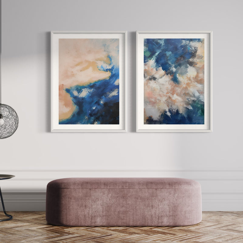 Abstract Art set of 2 prints - Silver & Blue Clouds