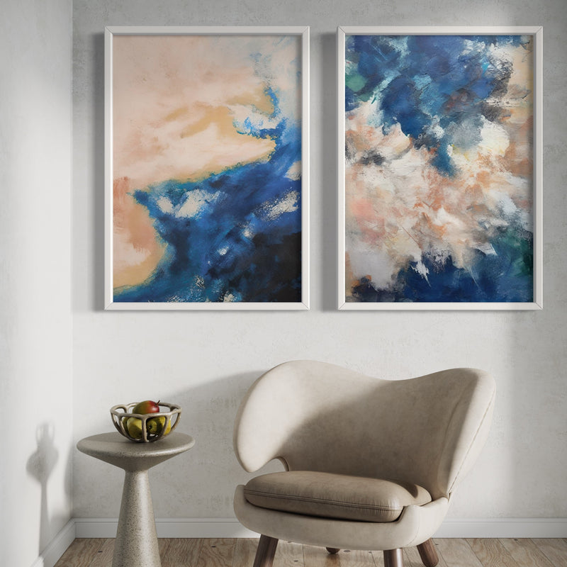 Abstract Art set of 2 prints - Silver & Blue Clouds