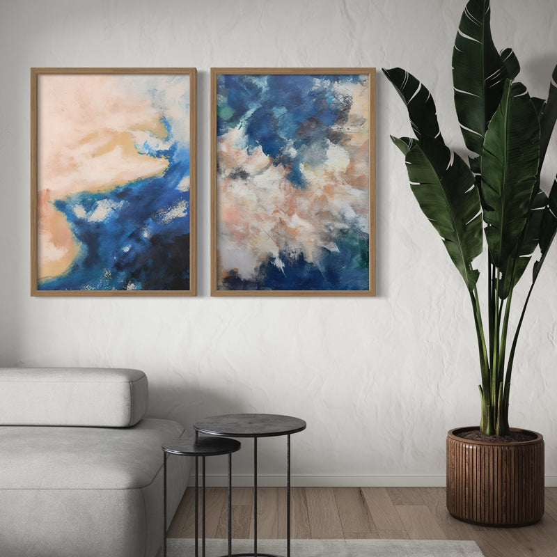 Abstract Art set of 2 prints - Silver & Blue Clouds