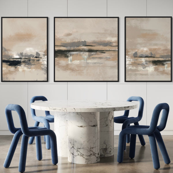 Modern Abstract Framed Canvas Wall Art Triptych – Round White Marble Dining Table with Sculptural Blue Velvet Chairs in Contemporary Minimalist Dining Room