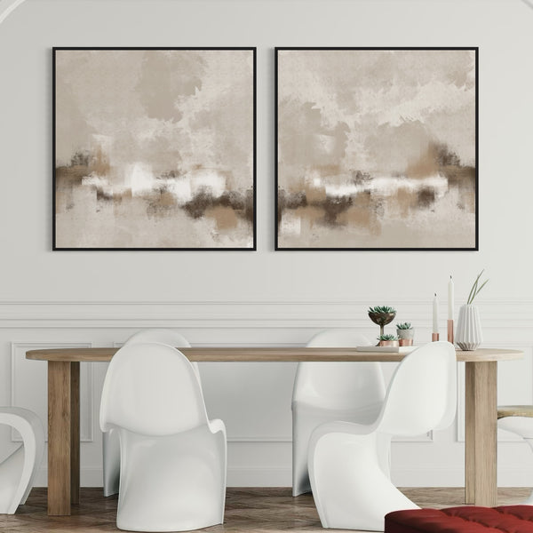 Neutral Abstract Framed Canvas Wall Art Set – Pair Above Wooden Dining Table with Modern White Sculptural Chairs and Minimal Decor in Elegant Contemporary Dining Room