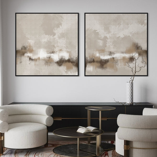 Neutral Abstract Framed Canvas Wall Art Set – Black Sideboard with White Curved Lounge Chairs, Gold Accent Round Coffee Tables & Sculptural Vase in Elegant Modern Living Room