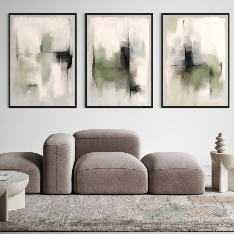 Modern Abstract Framed Canvas Wall Art – with Minimalist Modular Sofa with Sculptural Coffee Table, Side Table & Textured Area Rug 