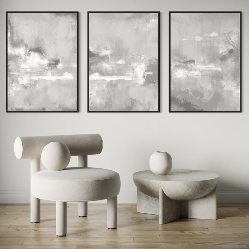 Set of 3 Framed Canvas - Grey Tides