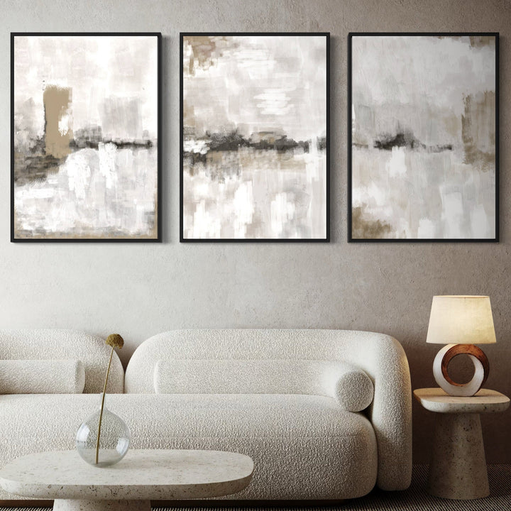 Set of 3 Framed Canvas - Nude & Grey Clouds