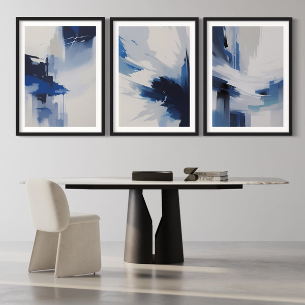 Abstract Art set of 3 prints - Blue Waves