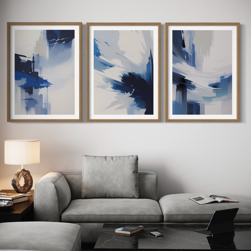 Abstract Art set of 3 prints - Blue Waves