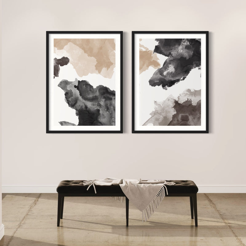 Abstract Art Set of 2 Prints - Black, Brown & Beige