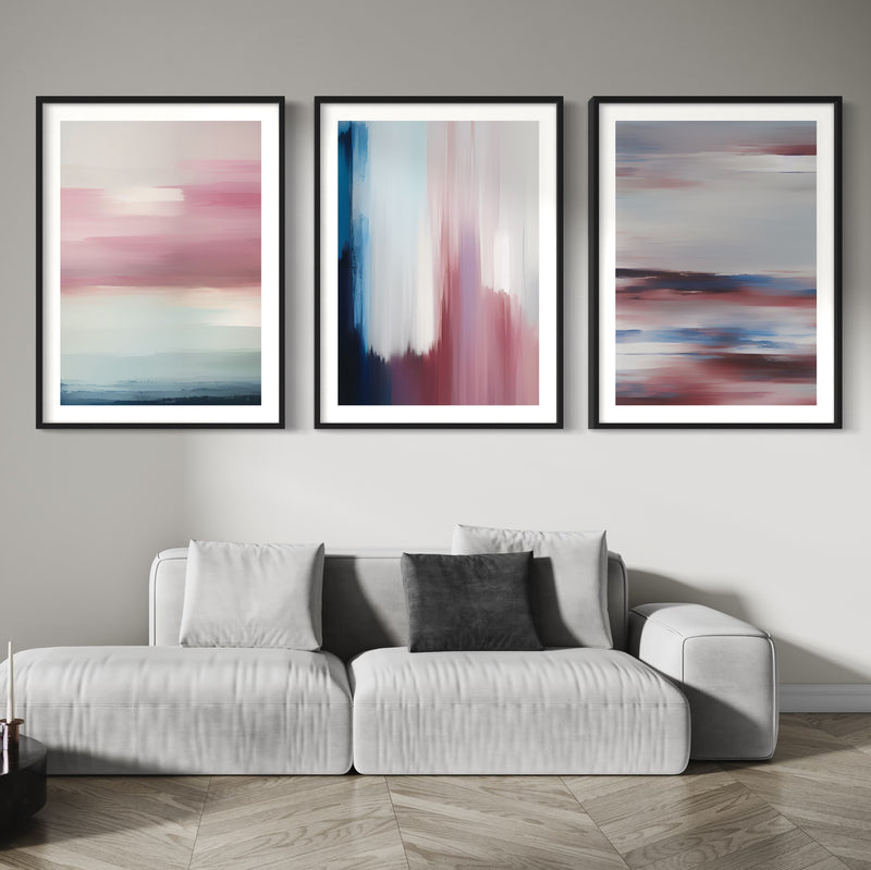 Abstract Art set of 3 prints - Red & Blue Clouds