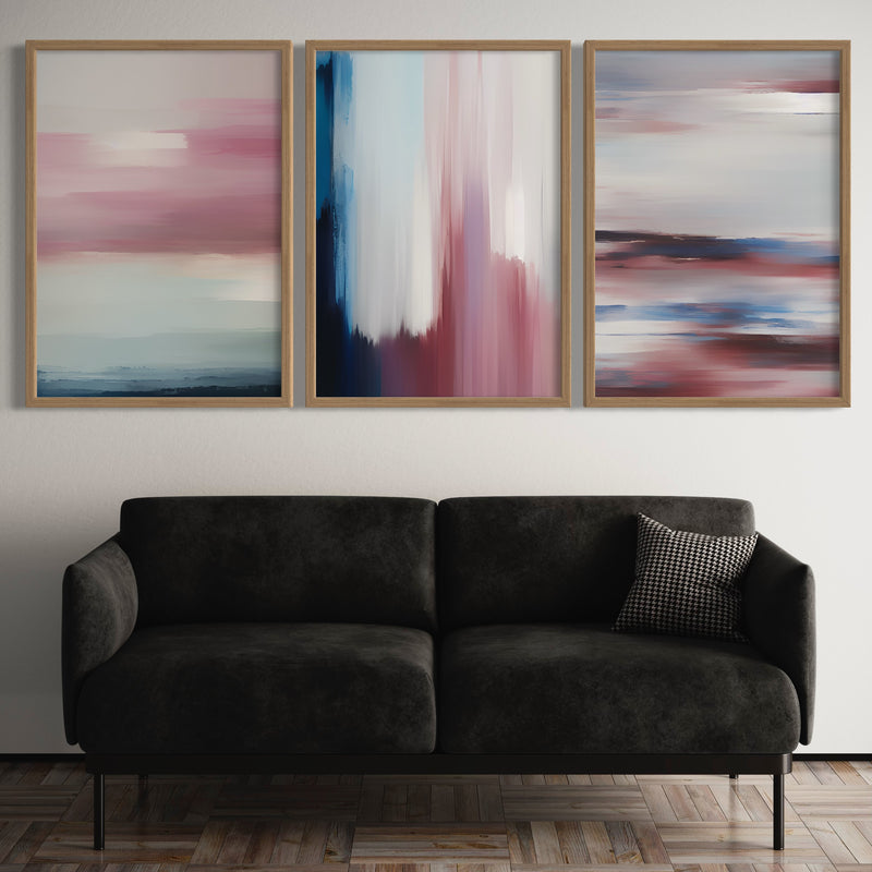 Abstract Art set of 3 prints - Red & Blue Clouds