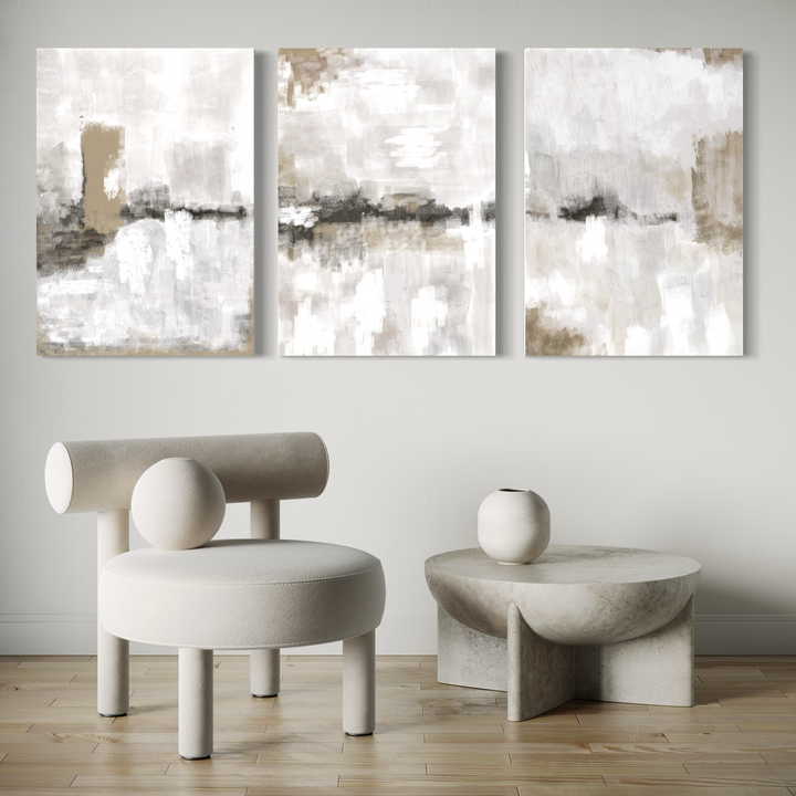 Abstract Canvas Set of 3 - Nude & Grey Clouds