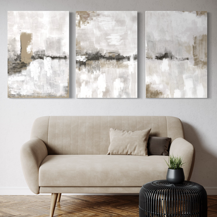 Abstract Canvas Set of 3 - Nude & Grey Clouds