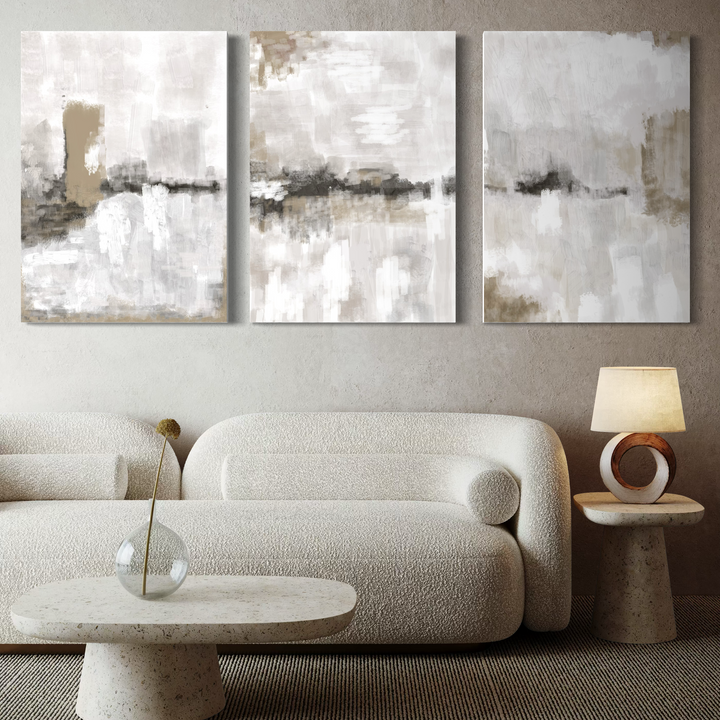 Abstract Canvas Set of 3 - Nude & Grey Clouds