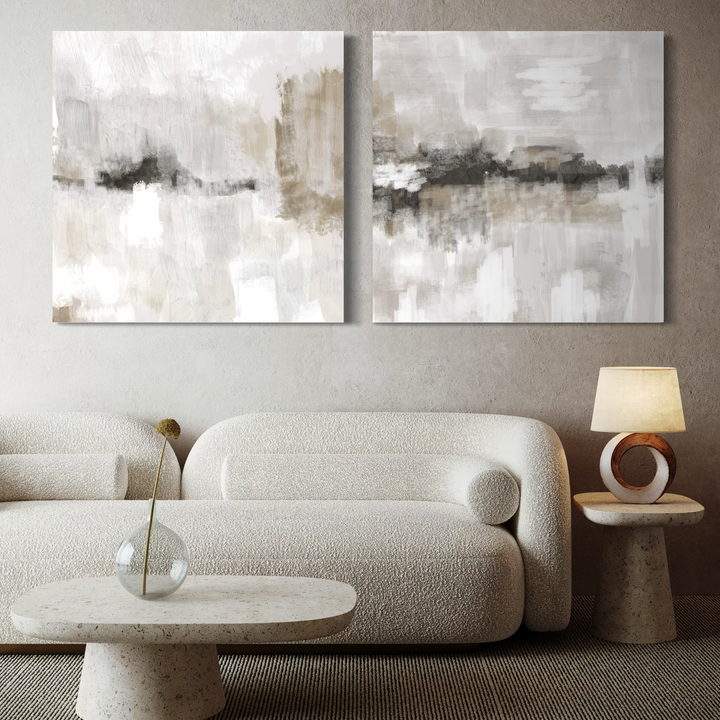Abstract Canvas Set of 2 - Nude and Grey Clouds Square