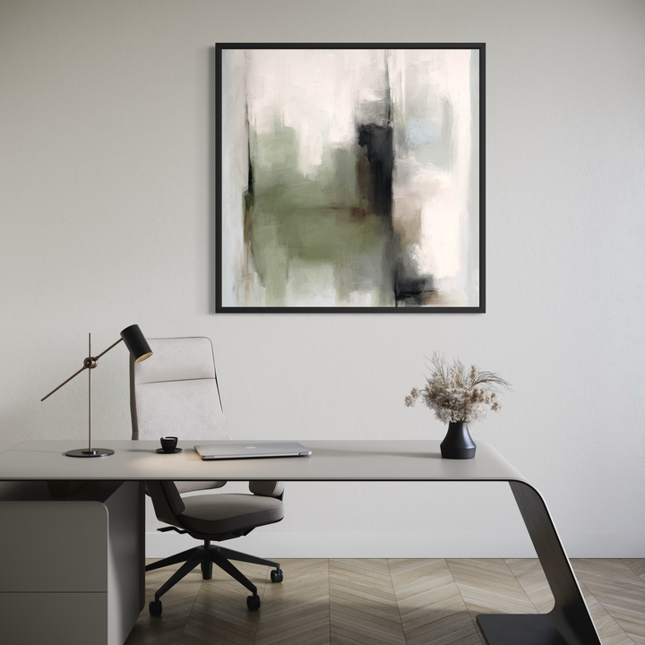 Tuscany Green abstract framed canvas lifestyle shot in neutral interior