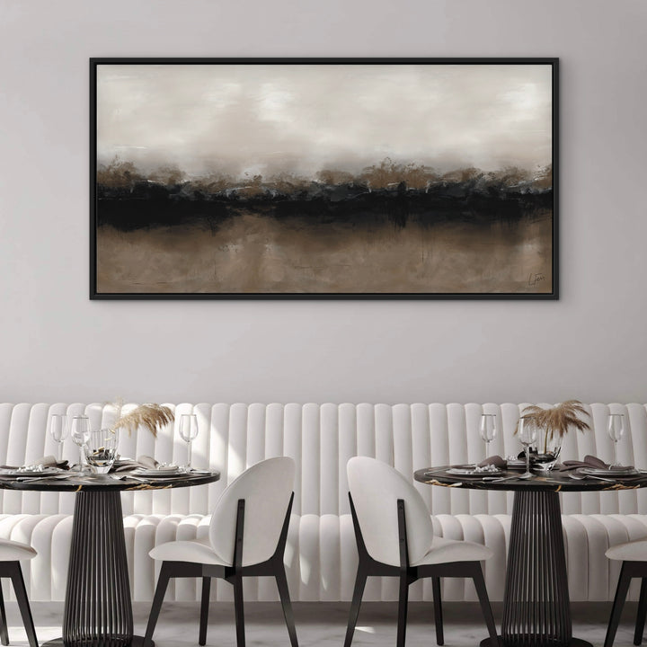 Framed Canvas - Brown Coffee styled in a contemporary bedroom with earthy tones