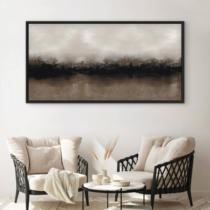 Framed Canvas - Brown Coffee displayed in a modern living room with warm decor