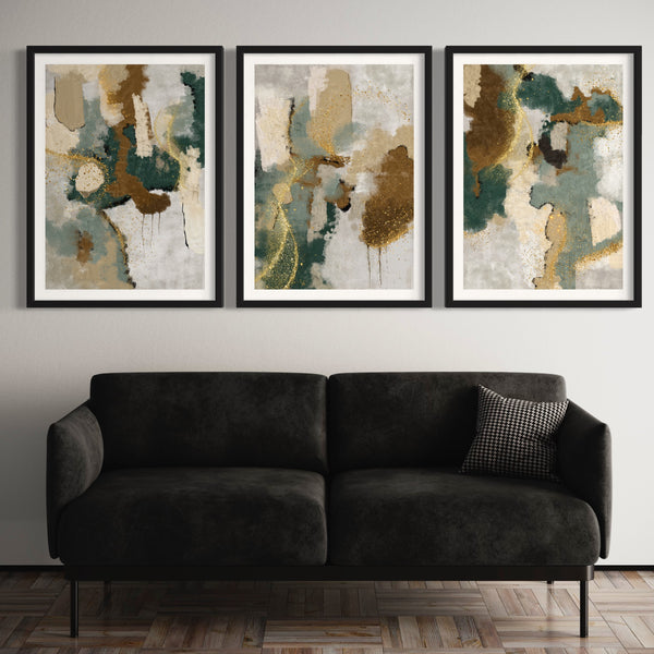 Abstract Art set of 3 prints - Green & Gold