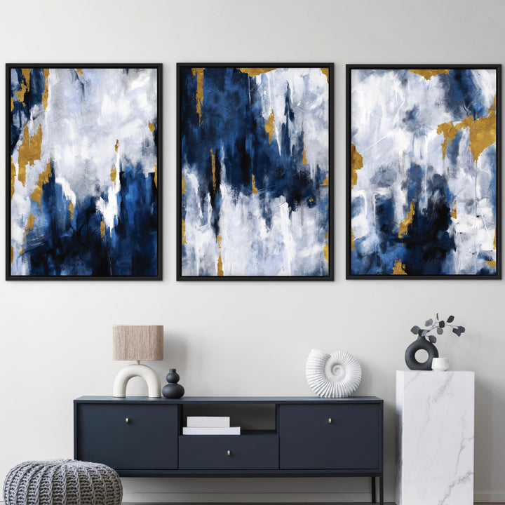 Set of 3 Framed Canvas - Navy Blue & Gold