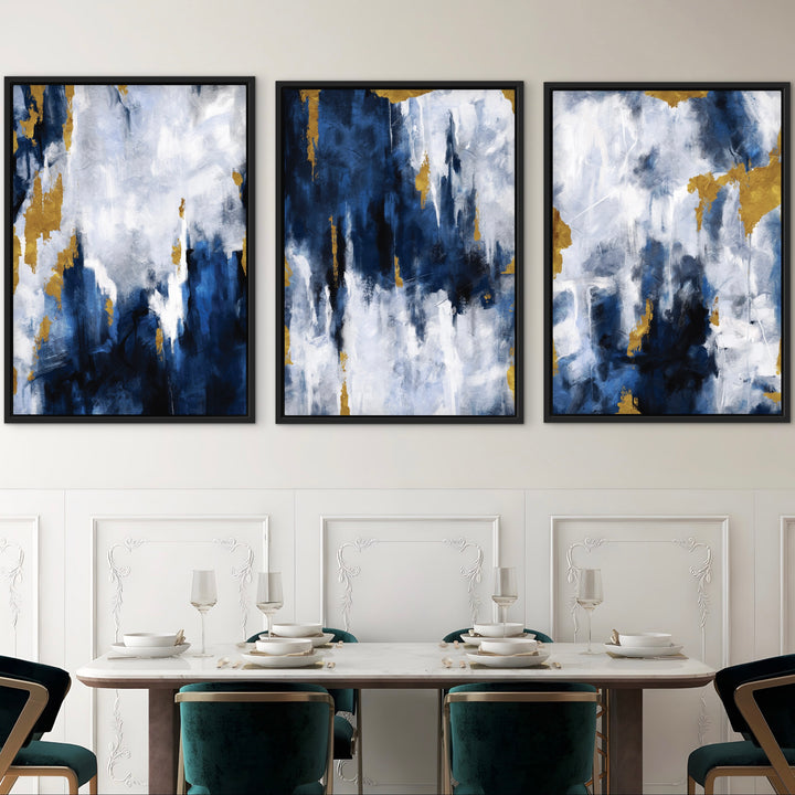 Set of 3 Framed Canvas - Navy Blue & Gold
