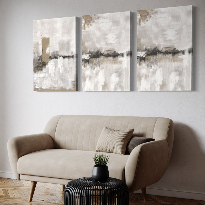 Abstract Canvas Set of 3 - Nude & Grey Clouds