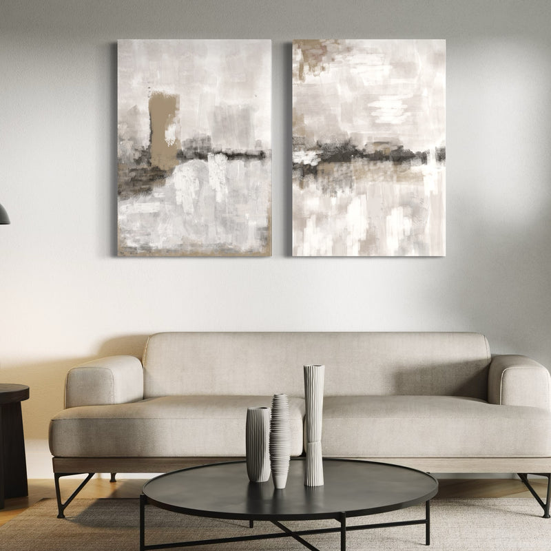 Abstract Canvas Set of 2 - Nude and Grey Clouds