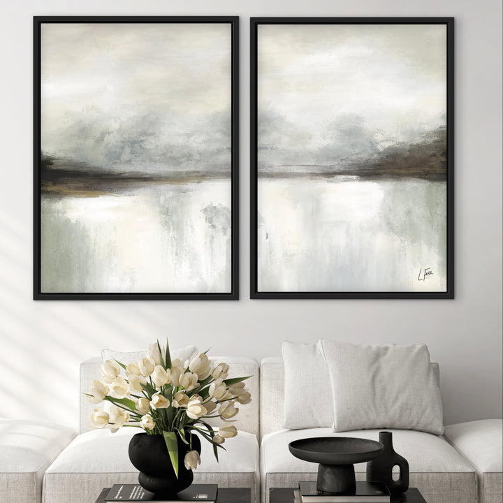 Framed Canvas Set of 2 - Dreams abstract wall art in soft dreamy neutral tones - hand-stretched wall art by HD London Art