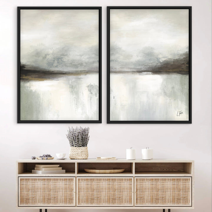 Framed Canvas Set of 2 - Dreams styled in a contemporary bedroom with warm neutral decor
