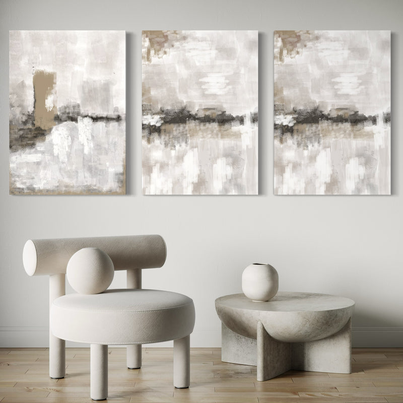 Abstract Canvas Set of 3 - Nude & Grey Clouds