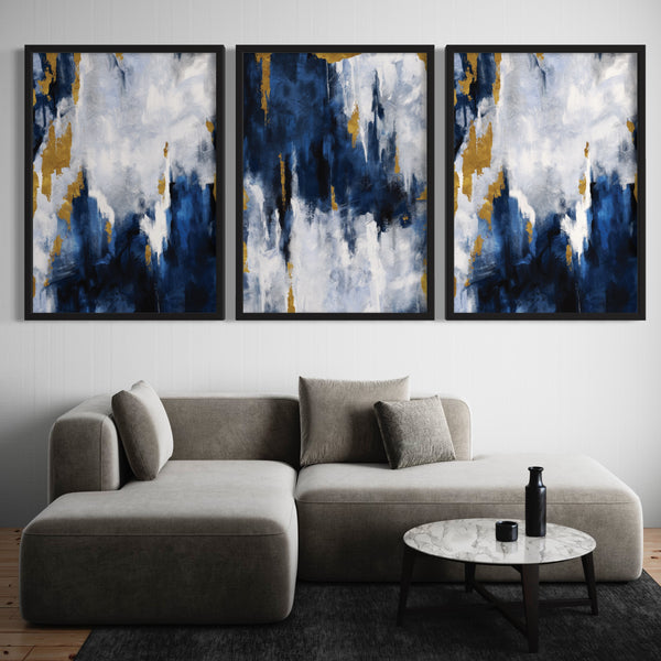 Abstract Art set of 3 prints - Navy Blue & Gold