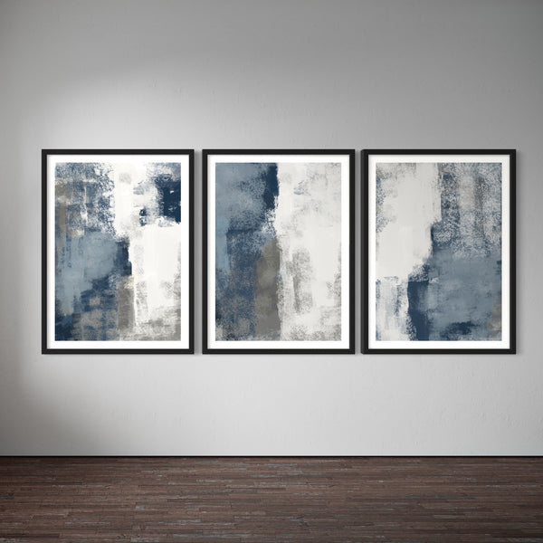 Abstract Art set of 3 prints - Blue & Grey Clouds