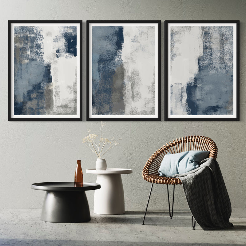 Abstract Art set of 3 prints - Blue & Grey Clouds