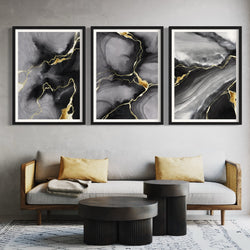 Abstract Art set of 3 prints - Black & Gold