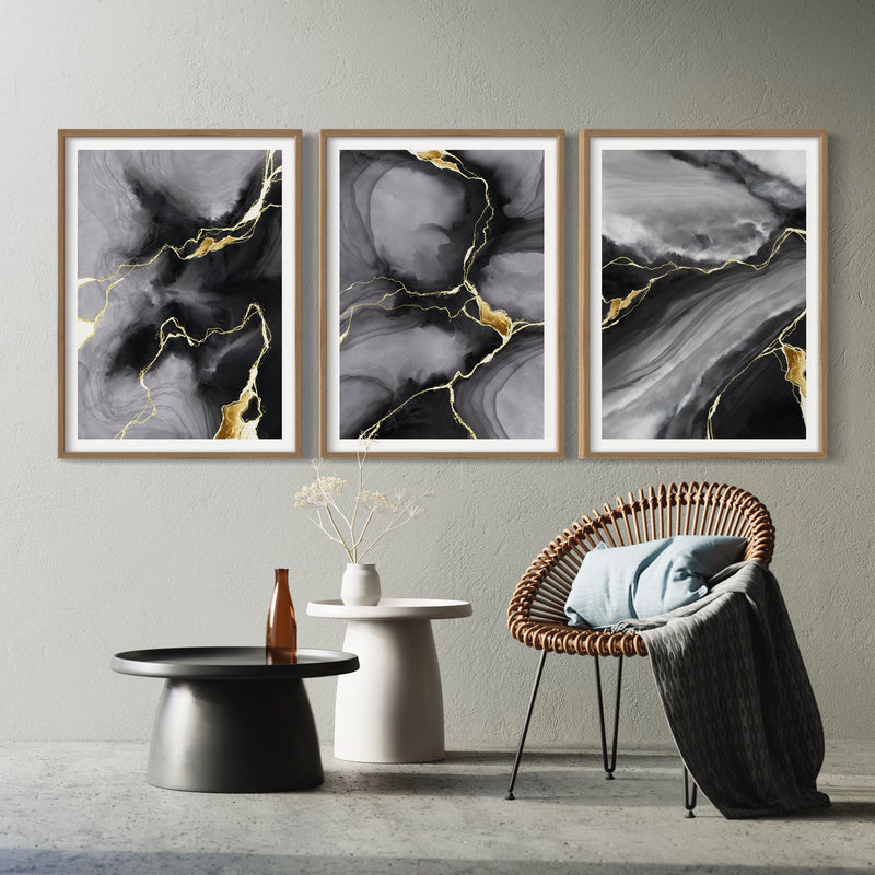Abstract Art set of 3 prints - Black & Gold