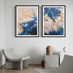 Abstract Art set of 2 prints - Silver & Blue Clouds