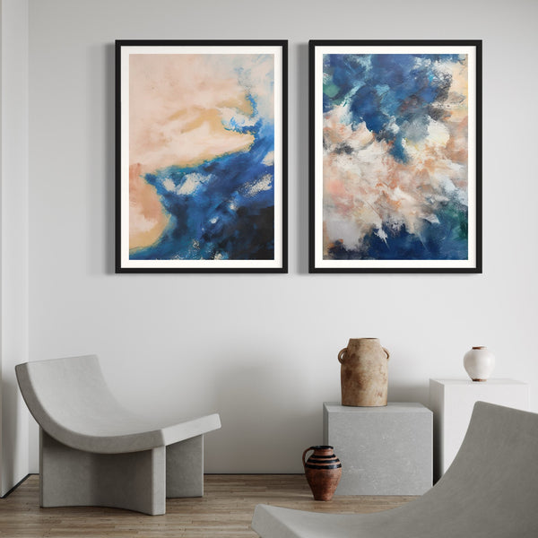 Abstract Art set of 2 prints - Silver & Blue Clouds