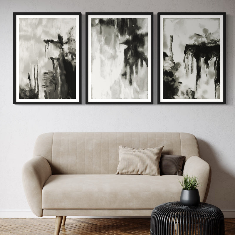 Abstract Art set of 3 prints - Black & White