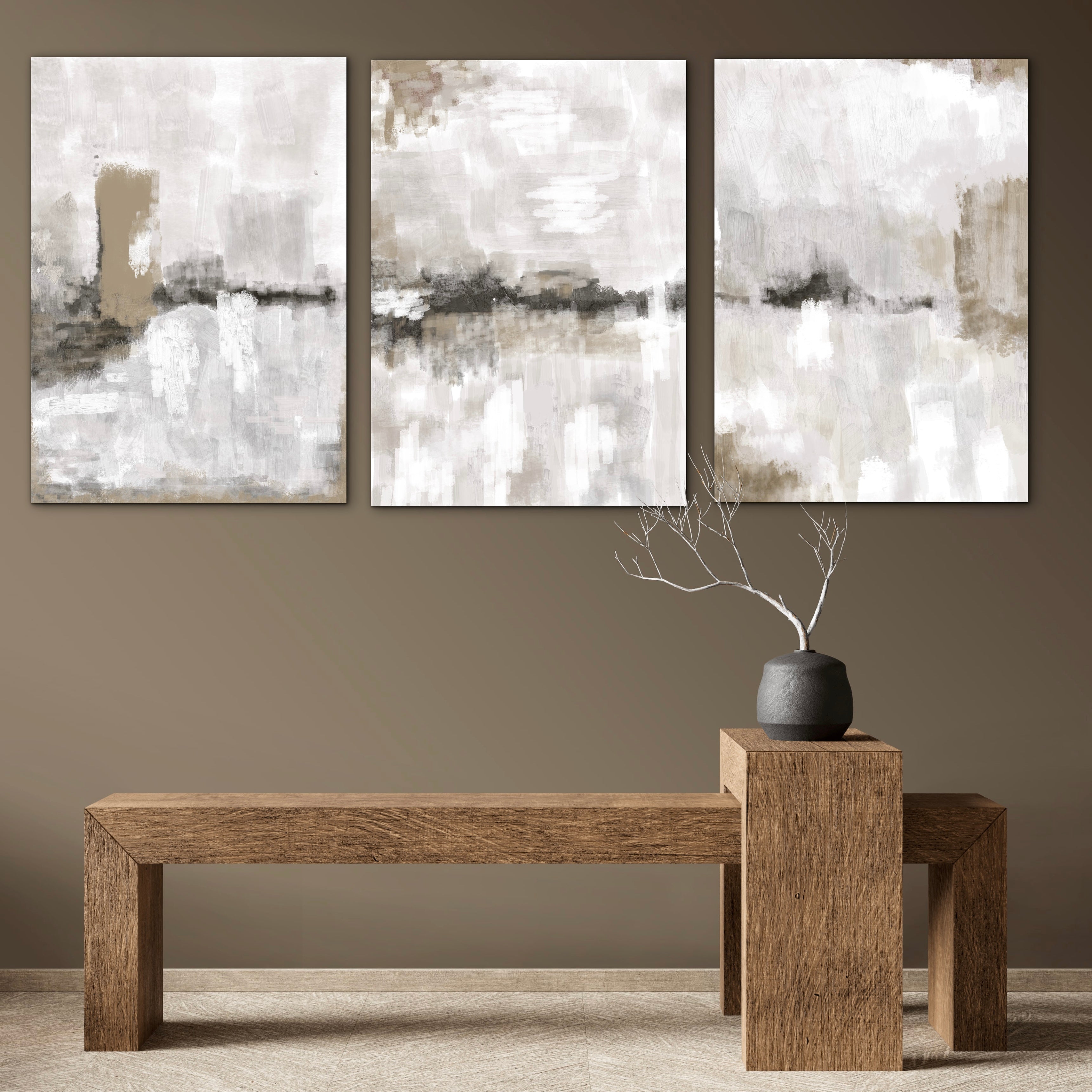 Abstract Canvas Set of 3 - Nude & Grey Clouds