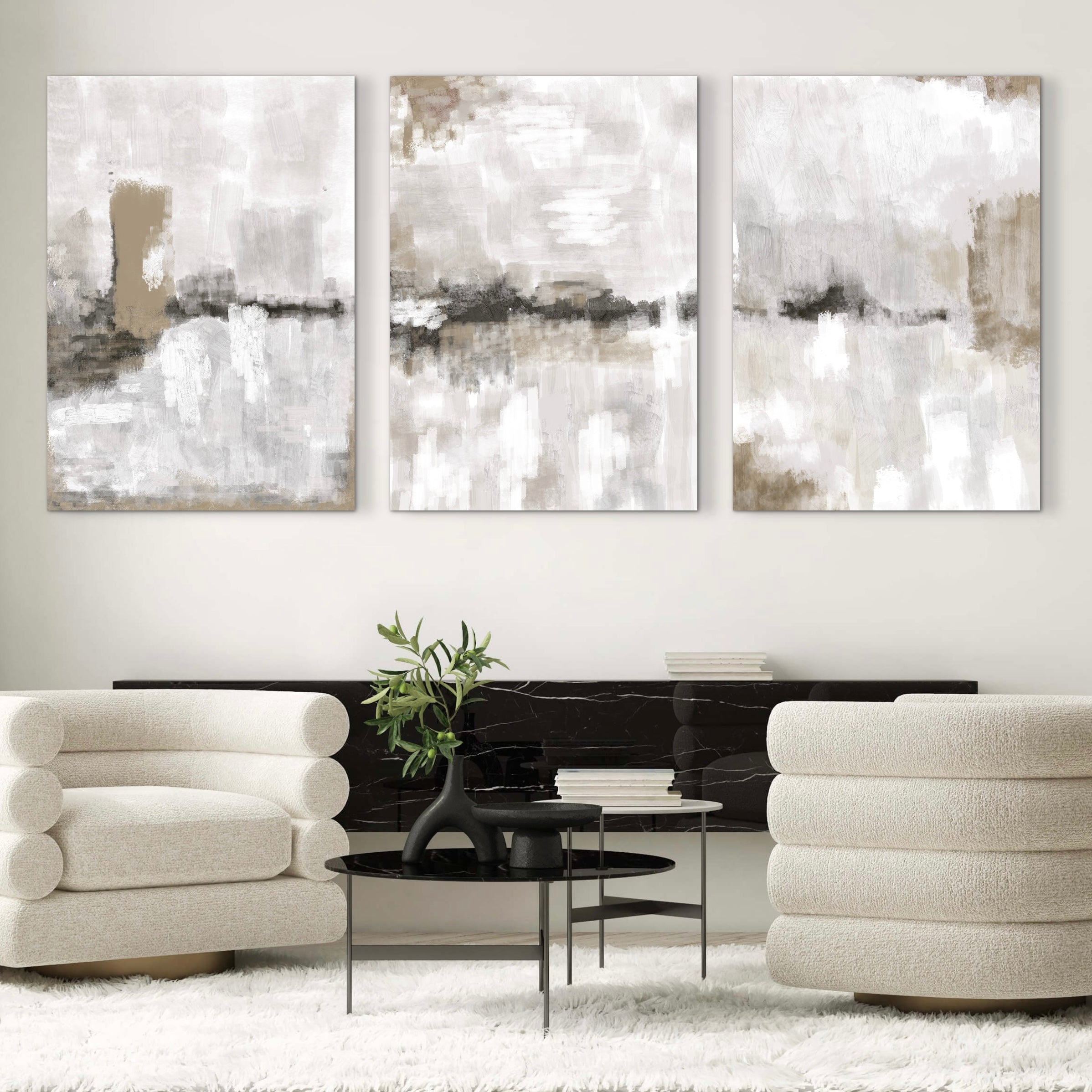 Abstract Canvas Set of 3 - Nude & Grey Clouds