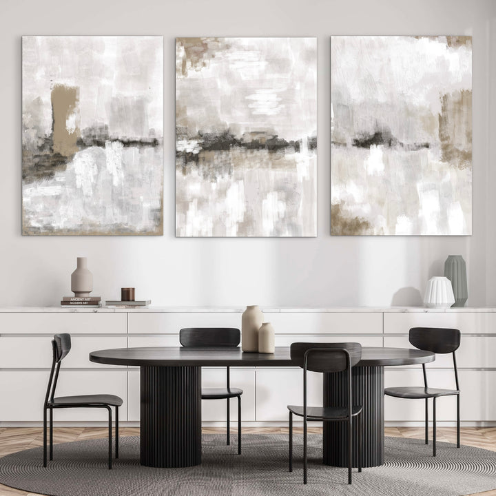 Abstract Canvas Set of 3 - Nude & Grey Clouds