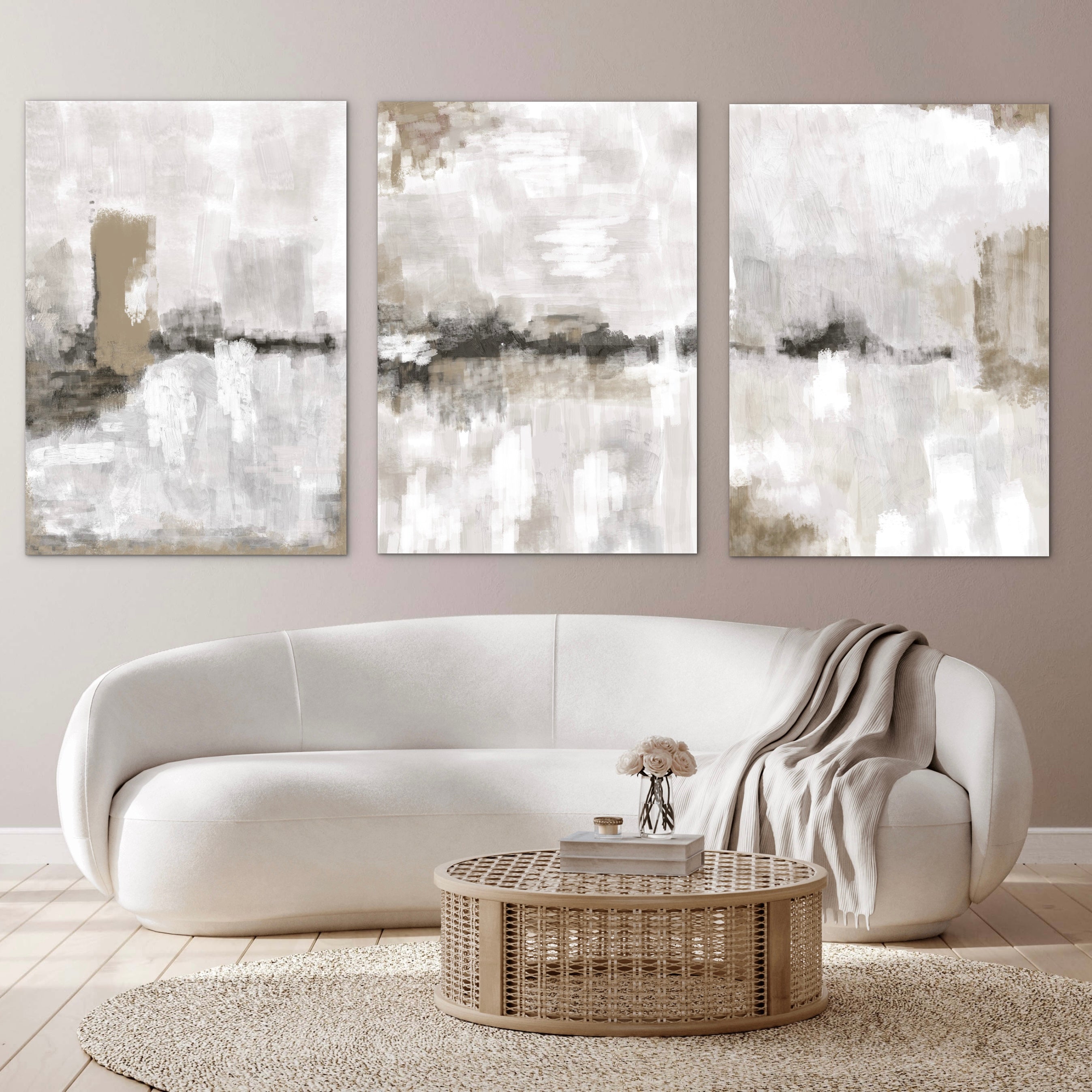 Abstract Canvas Set of 3 - Nude & Grey Clouds