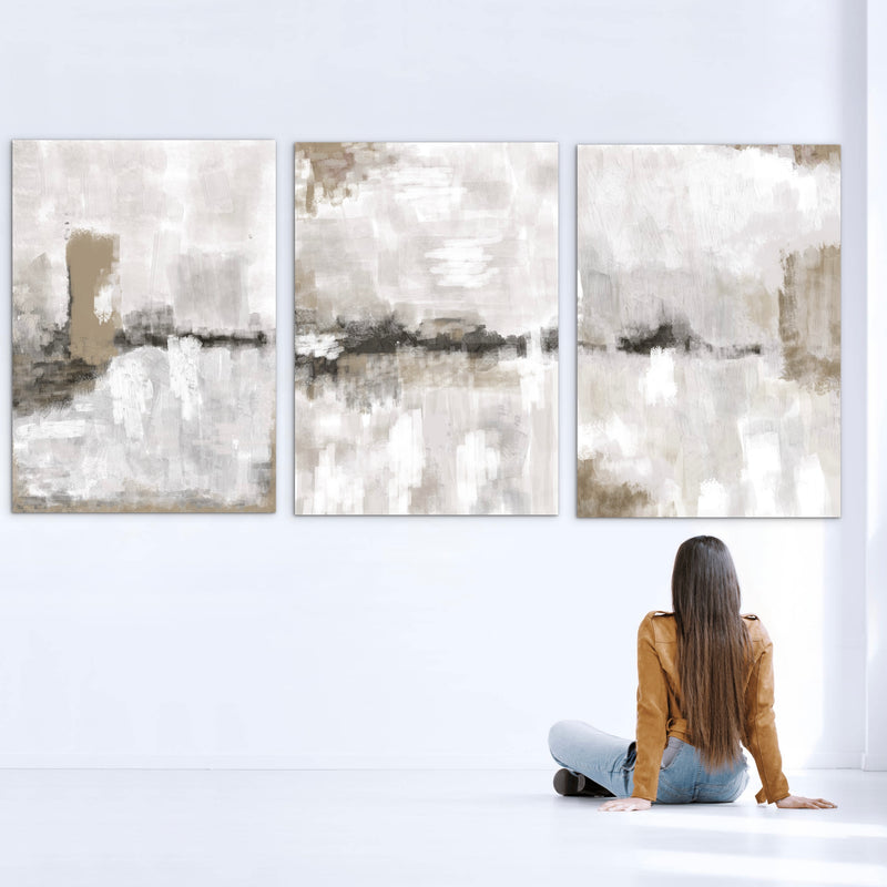 Abstract Canvas Set of 3 - Nude & Grey Clouds
