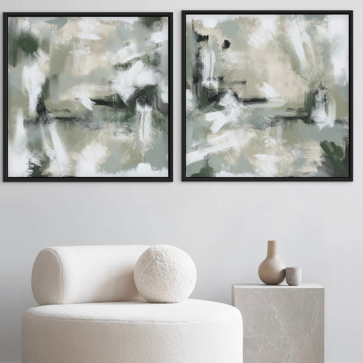 Framed Canvas Set of 2 - Green Clouds abstract wall art in soft green and misty tones - hand-stretched wall art by HD London Art