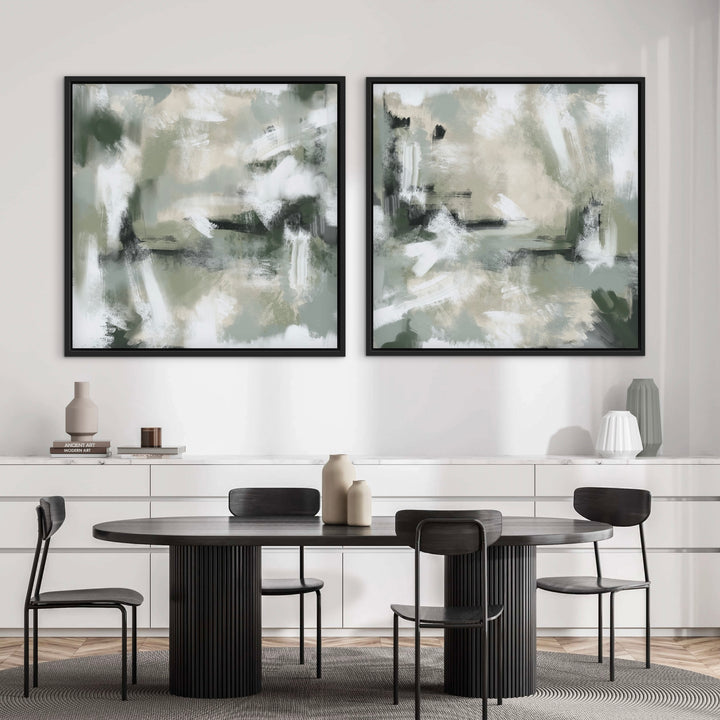 Framed Canvas Set of 2 - Green Clouds displayed as a pair in a contemporary living room