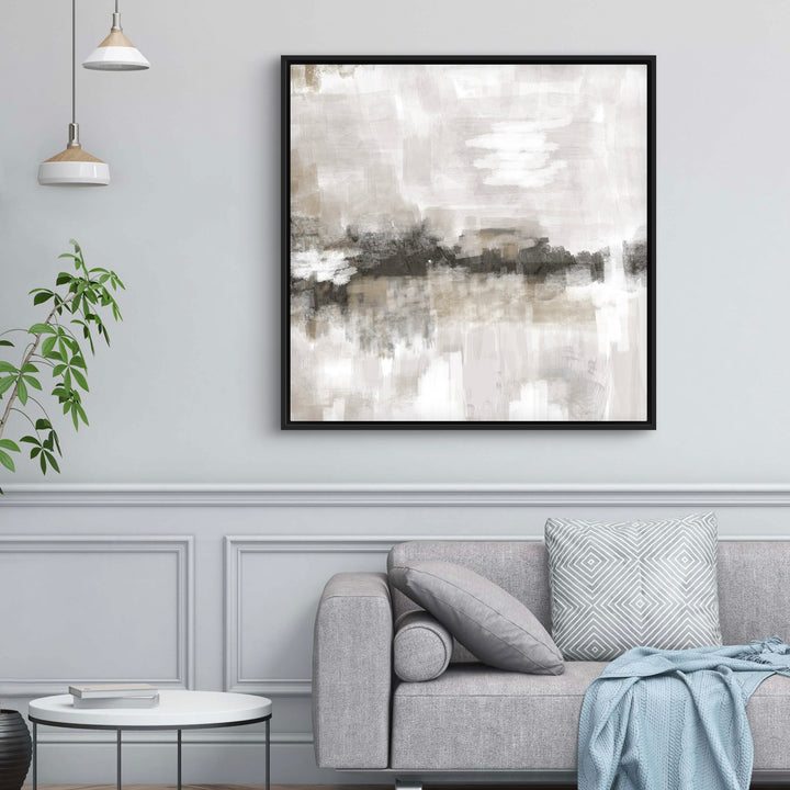 Abstract Wall Art Styled With Grey Walls, Light Grey Sofa, White Round Coffee Table, Pendant Lights, And A Soft Blue Throw. Perfect For A Minimalist Living Room.